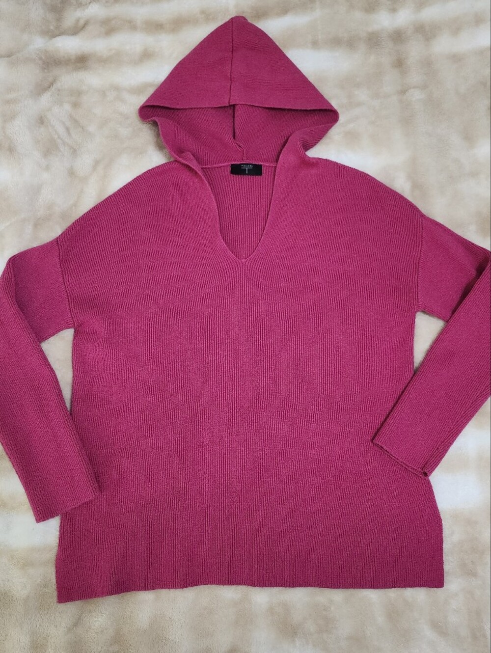 Tahari Bright Pink Ribbed Knit Sweater With Hood